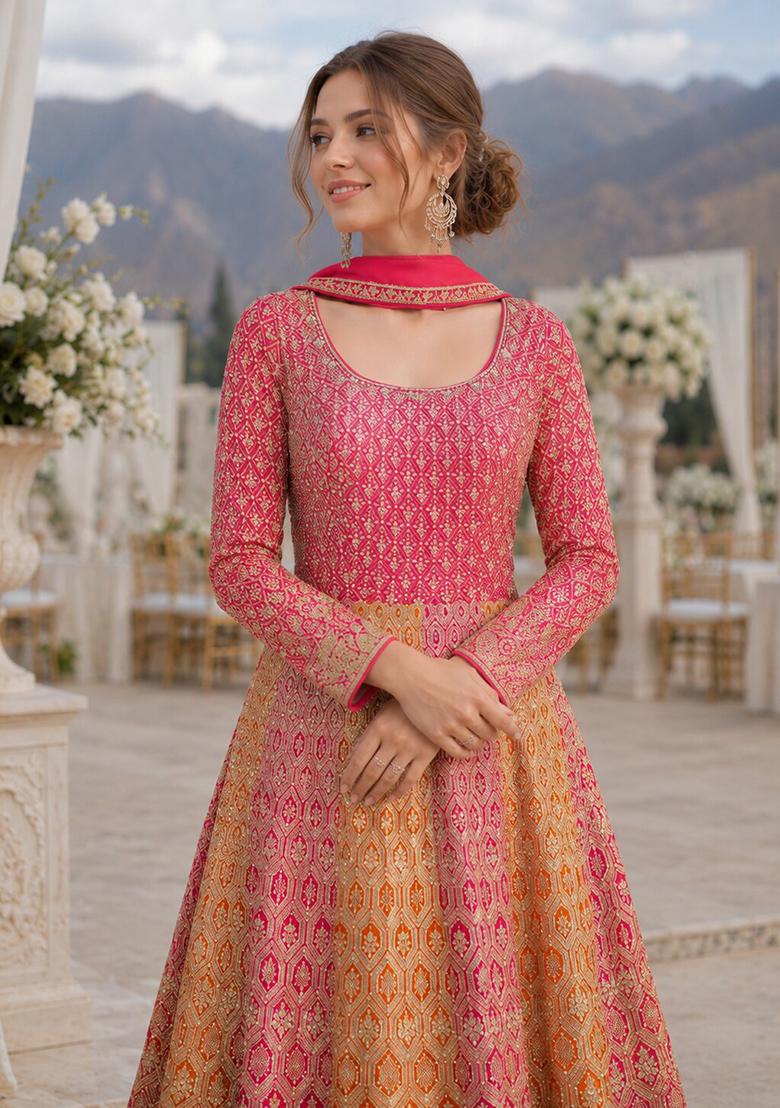 Peach Embroidered Georgette Anarkali With Dupatta - Indya