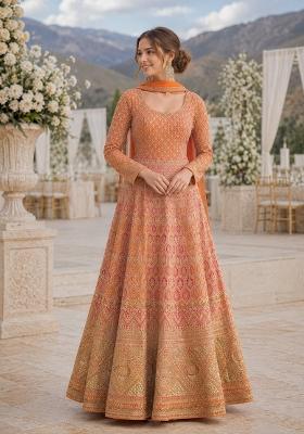 Orange Embroidered Georgette Anarkali With Dupatta