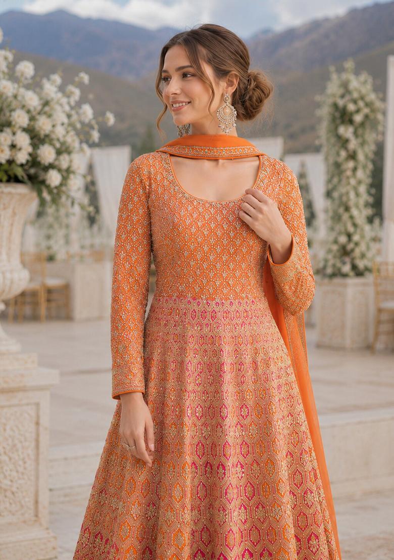 Orange Embroidered Georgette Anarkali With Dupatta - Indya