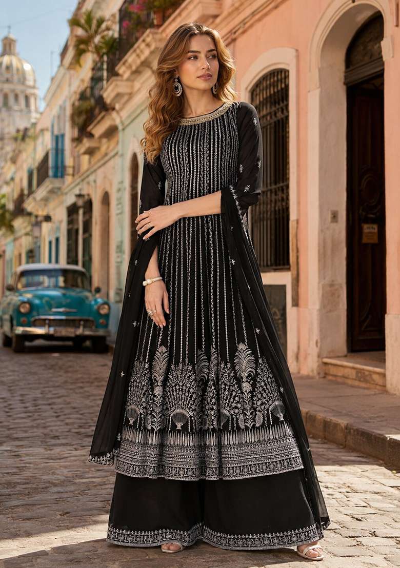 Black Embroidered Georgette Anarkali Set - Indya