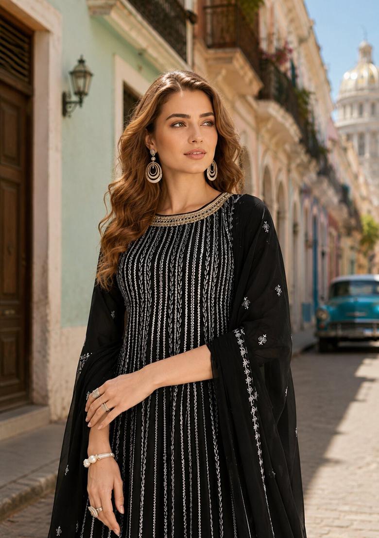 Black Embroidered Georgette Anarkali Set - Indya