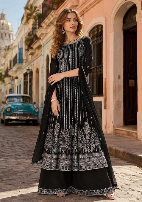 Black Embroidered Georgette Anarkali Set