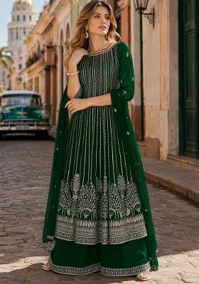Dark Green Embroidered Georgette Kurta Set
