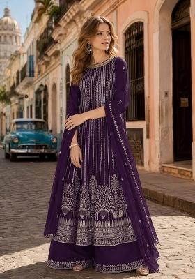 Violet Embroidered Georgette Kurta Set
