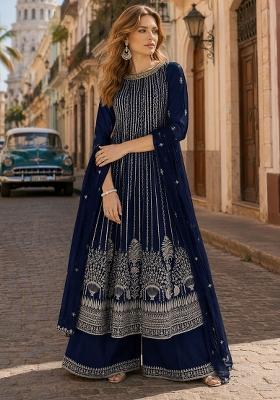 Navy Blue Embroidered Georgette Kurta Set