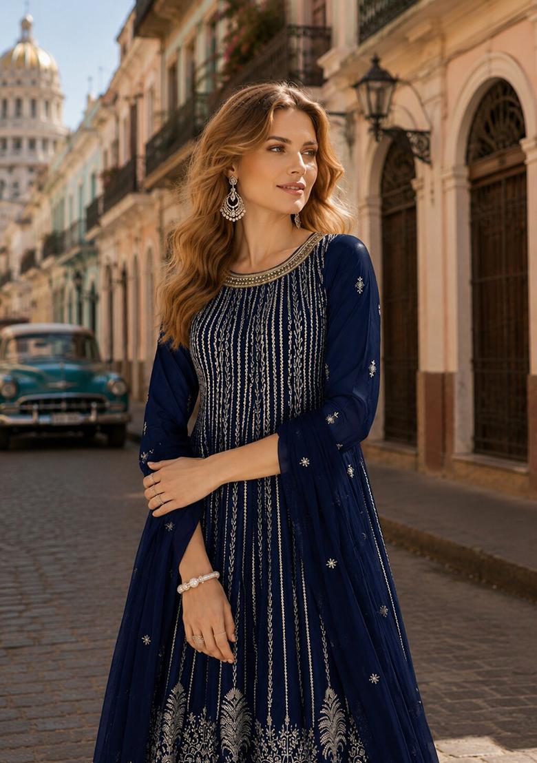 Navy Blue Embroidered Georgette Kurta Set - Indya