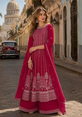 Dark Pink Embroidered Georgette Kurta Set