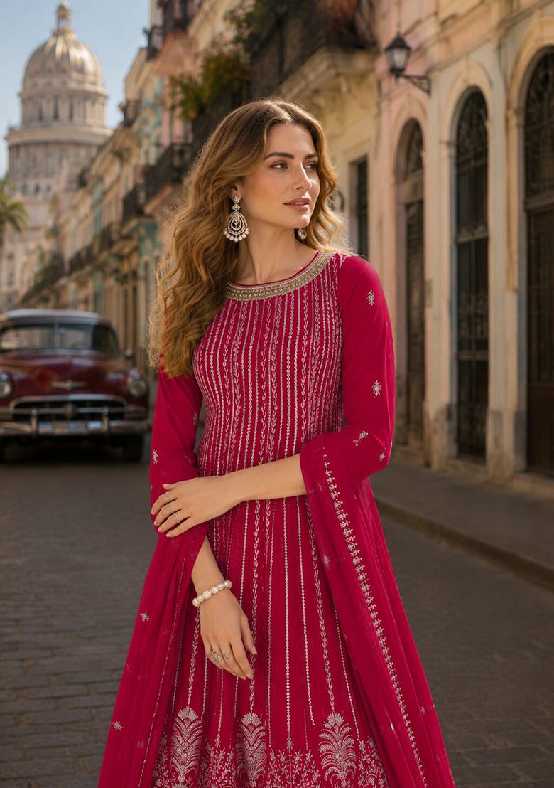 Dark Pink Embroidered Georgette Kurta Set - Indya