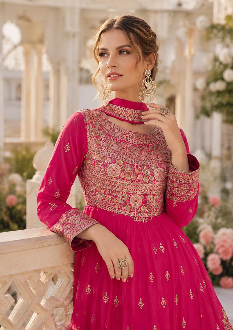 Pink Embroidered Silk Anarkali Set - Indya