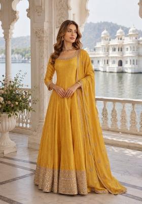 Yellow Embroidered Silk Anarkali With Dupatta