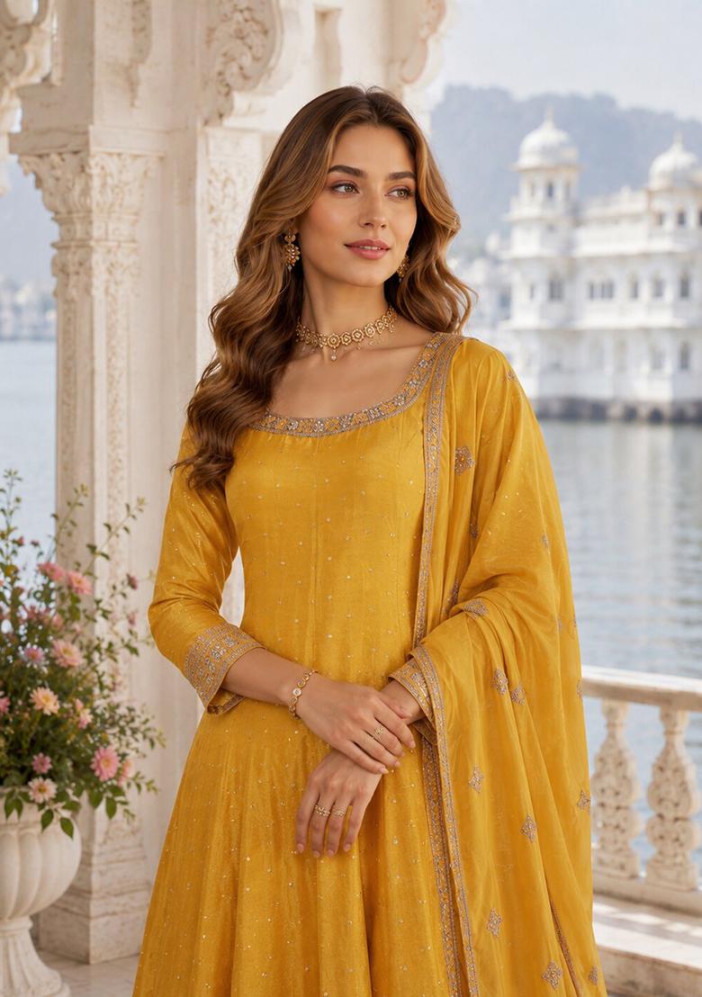 Yellow Embroidered Silk Anarkali With Dupatta - Indya