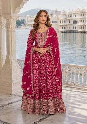 Pink Embroidered Silk Anarkali With Dupatta