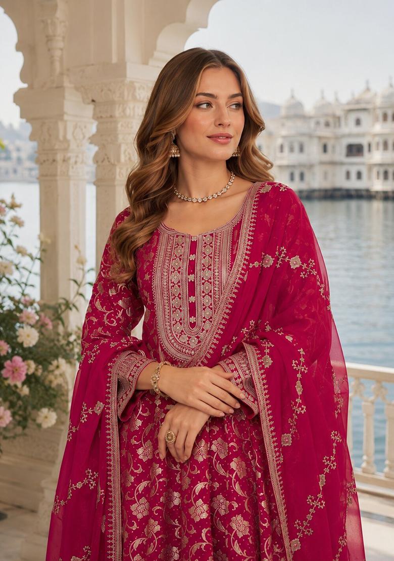 Pink Embroidered Silk Anarkali With Dupatta - Indya