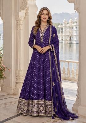 Purple Embroidered Silk Anarkali With Dupatta