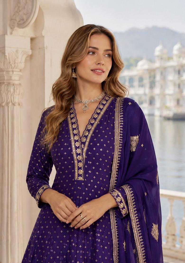 Purple Embroidered Silk Anarkali With Dupatta - Indya