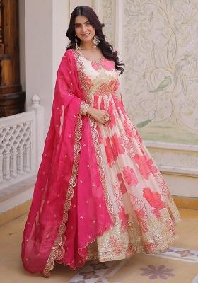 Pink Zari Work Silk Blend Anarkali With Dupatta