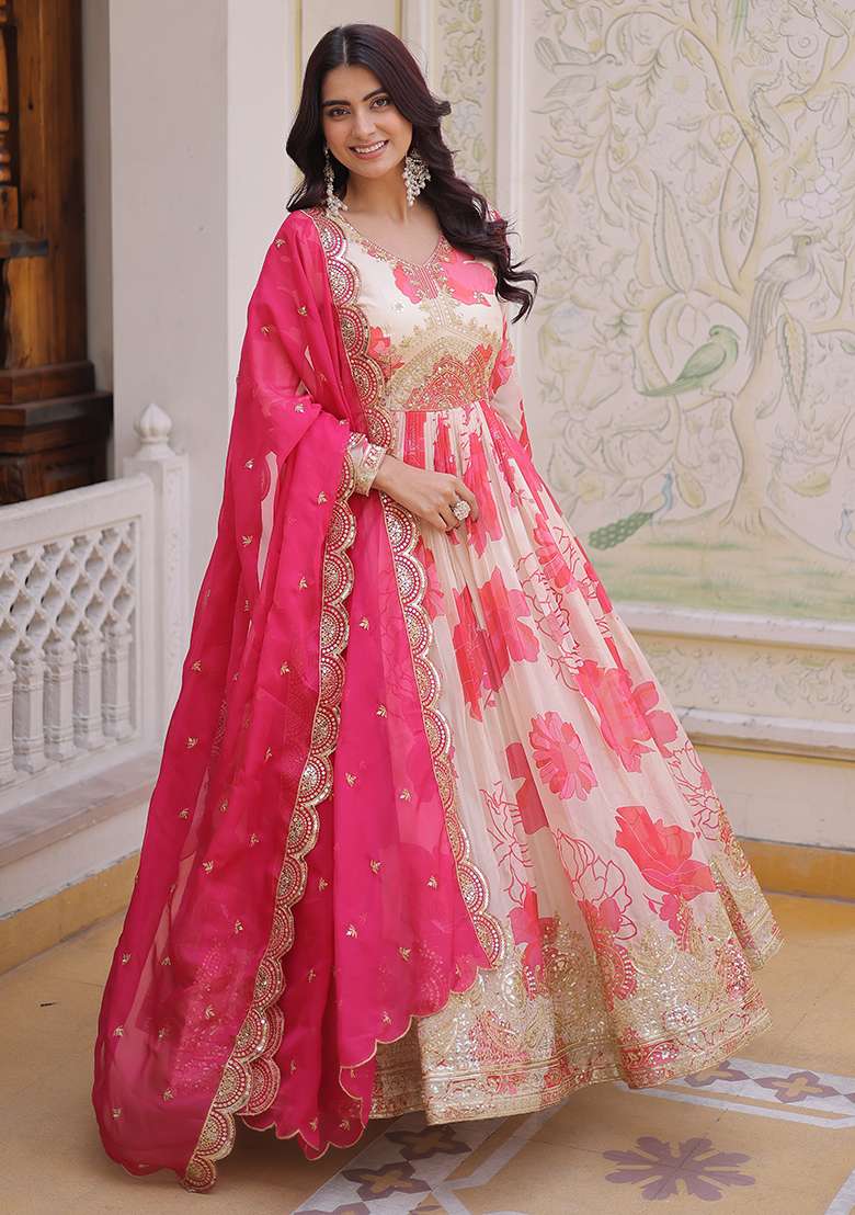 Pink Zari Work Silk Blend Anarkali With Dupatta - Indya