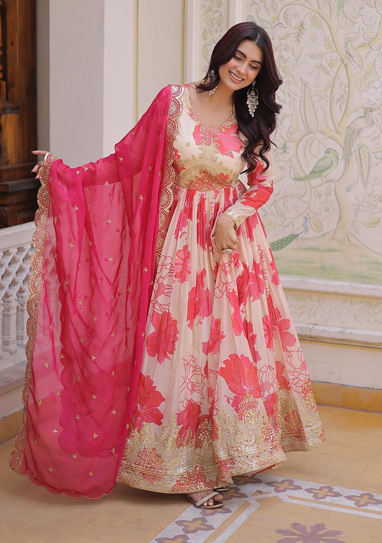 Pink Zari Work Silk Blend Anarkali With Dupatta - Indya