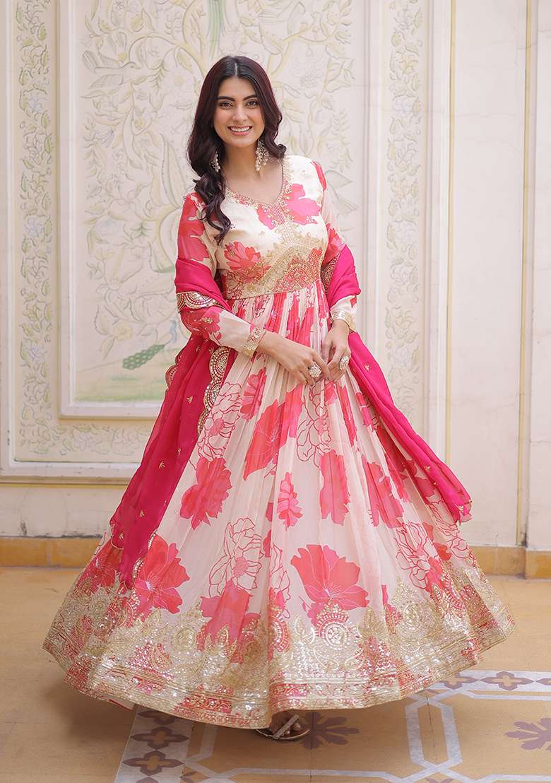 Pink Zari Work Silk Blend Anarkali With Dupatta - Indya