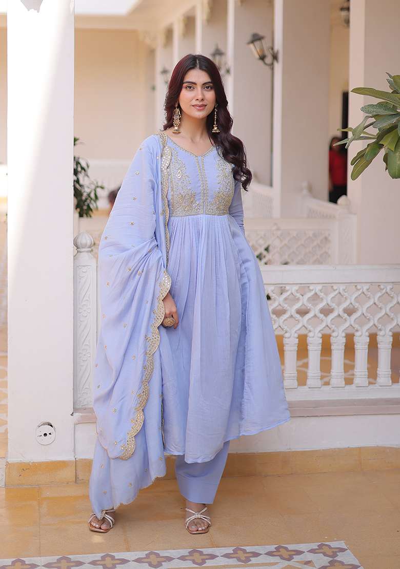 Sky Blue Beads Work Mal Chanderi Anarkali Set - Indya