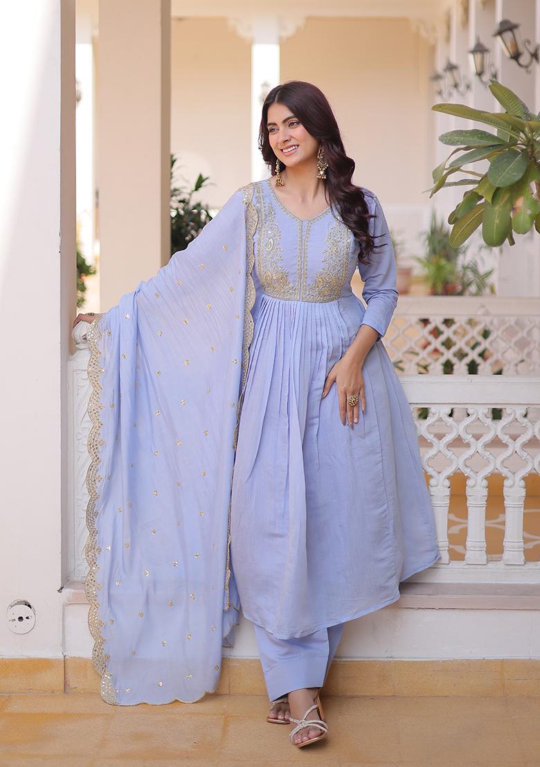 Sky Blue Beads Work Mal Chanderi Anarkali Set - Indya