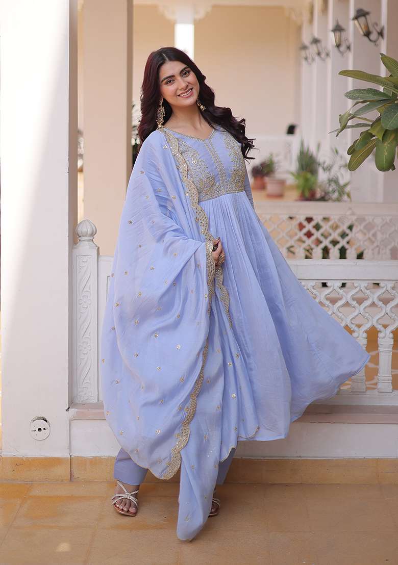 Sky Blue Beads Work Mal Chanderi Anarkali Set - Indya