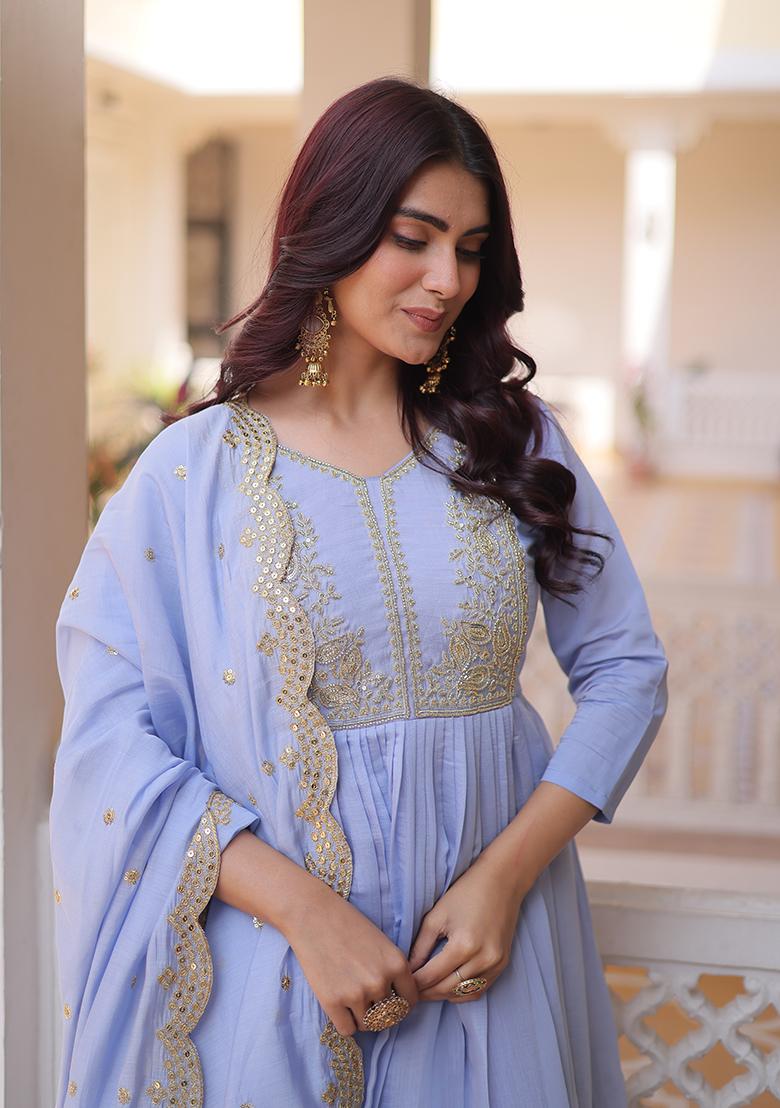 Sky Blue Beads Work Mal Chanderi Anarkali Set - Indya