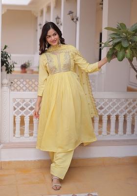 Yellow Beads Work Mal Chanderi Anarkali Set