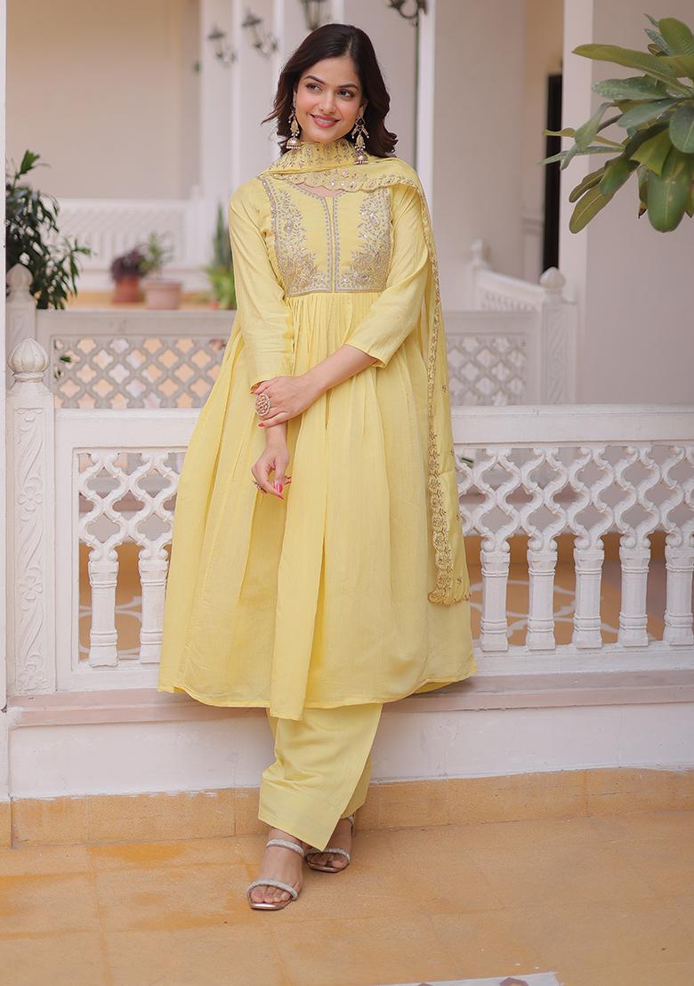 Yellow Beads Work Mal Chanderi Anarkali Set - Indya