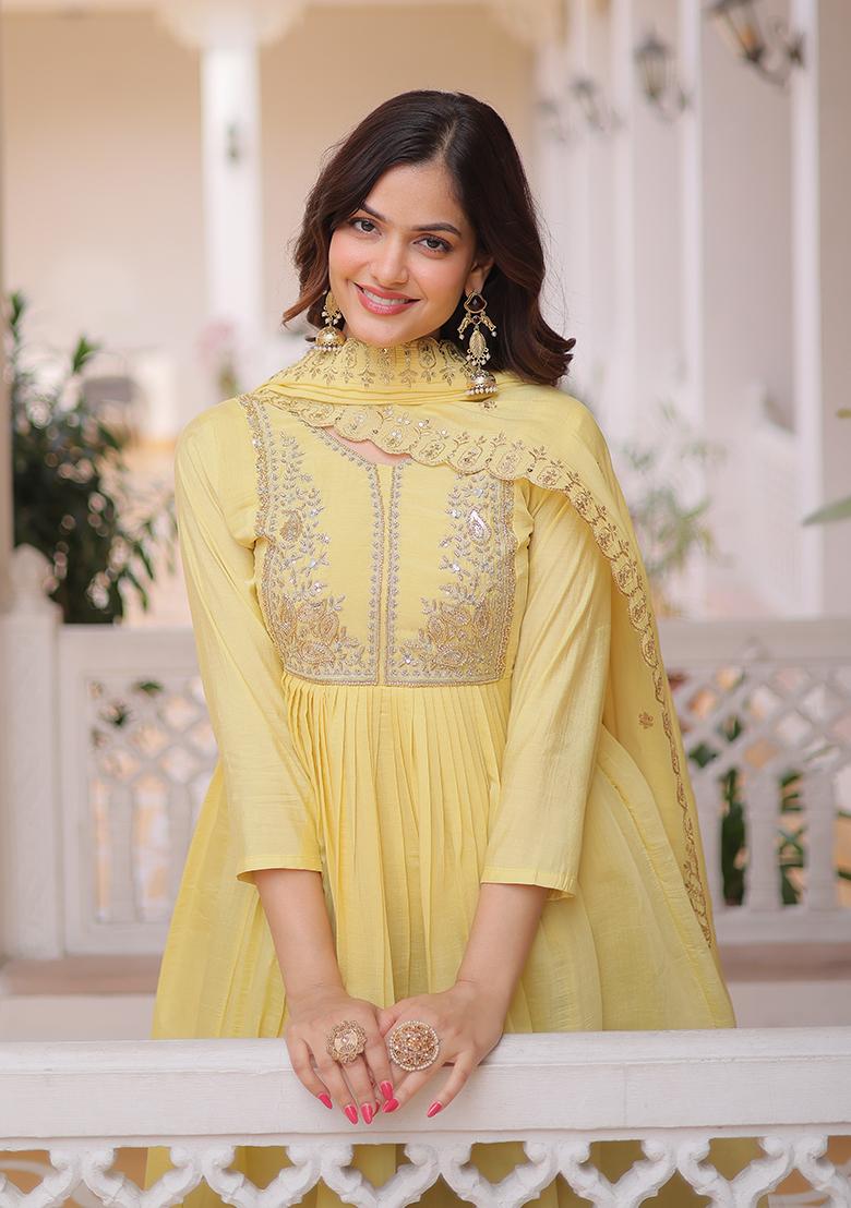 Yellow Beads Work Mal Chanderi Anarkali Set - Indya