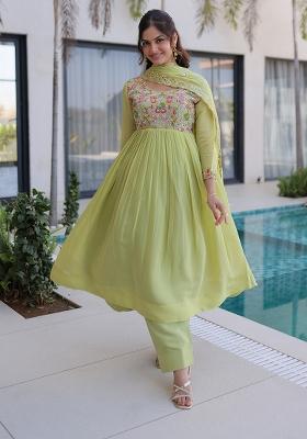 Pista Beads Work Mal Chanderi Anarkali Set