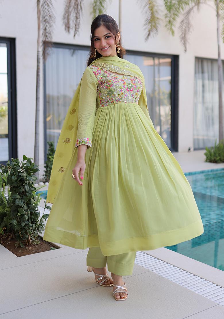 Pista Beads Work Mal Chanderi Anarkali Set - Indya