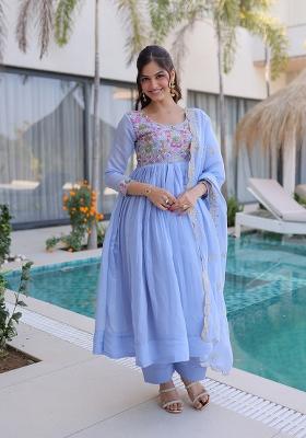 Sky Blue Beads Work Mal Chanderi Anarkali Set