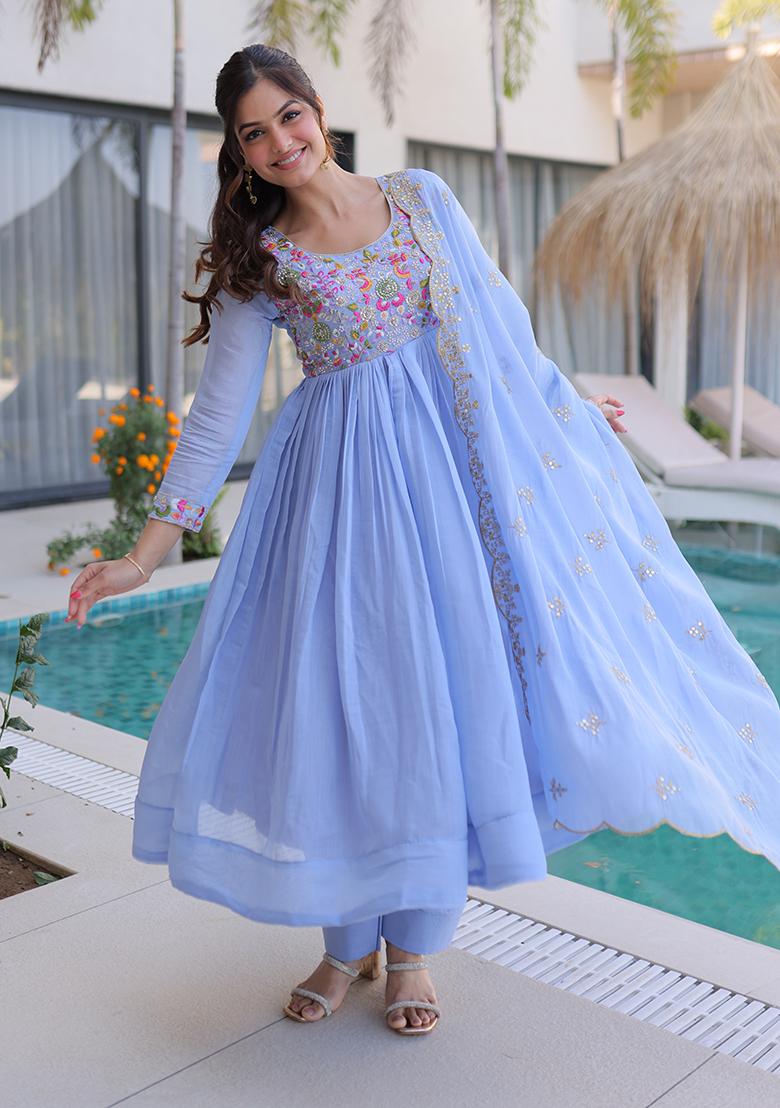 Sky Blue Beads Work Mal Chanderi Anarkali Set - Indya