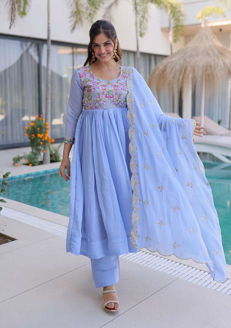 Sky Blue Beads Work Mal Chanderi Anarkali Set - Indya