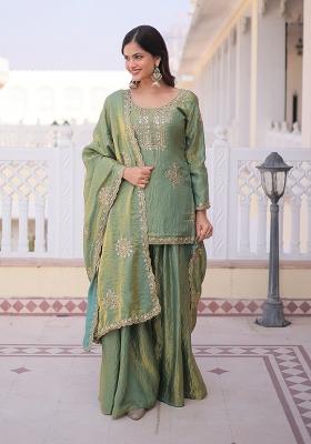 Golden Zari Work Fendi Anarkali Set
