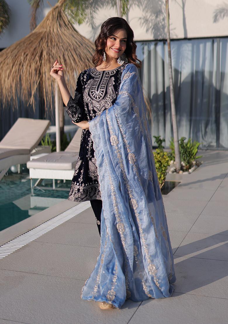 Black Zari Work Velvet Anarkali Set - Indya