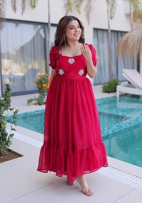 Pink Beads Work Silk Blend Anarkali