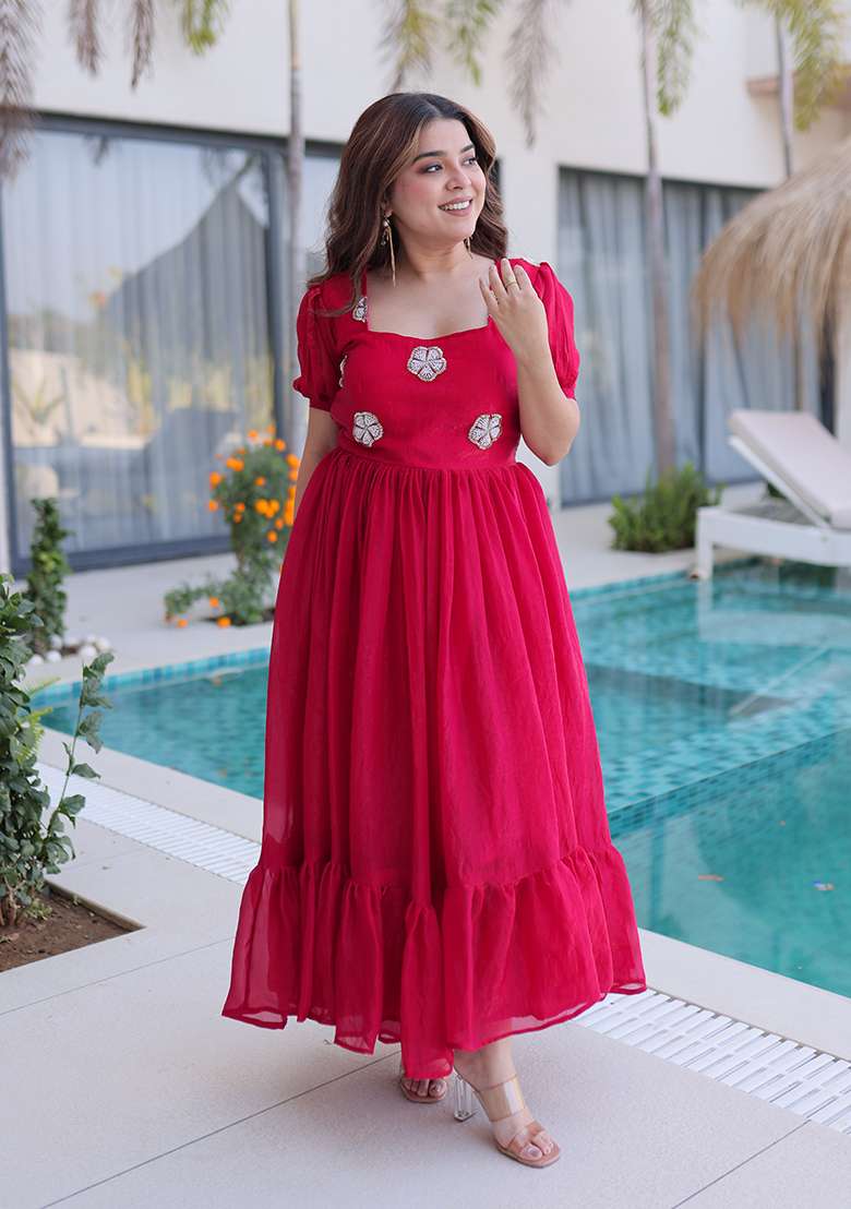Pink Beads Work Silk Blend Anarkali - Indya