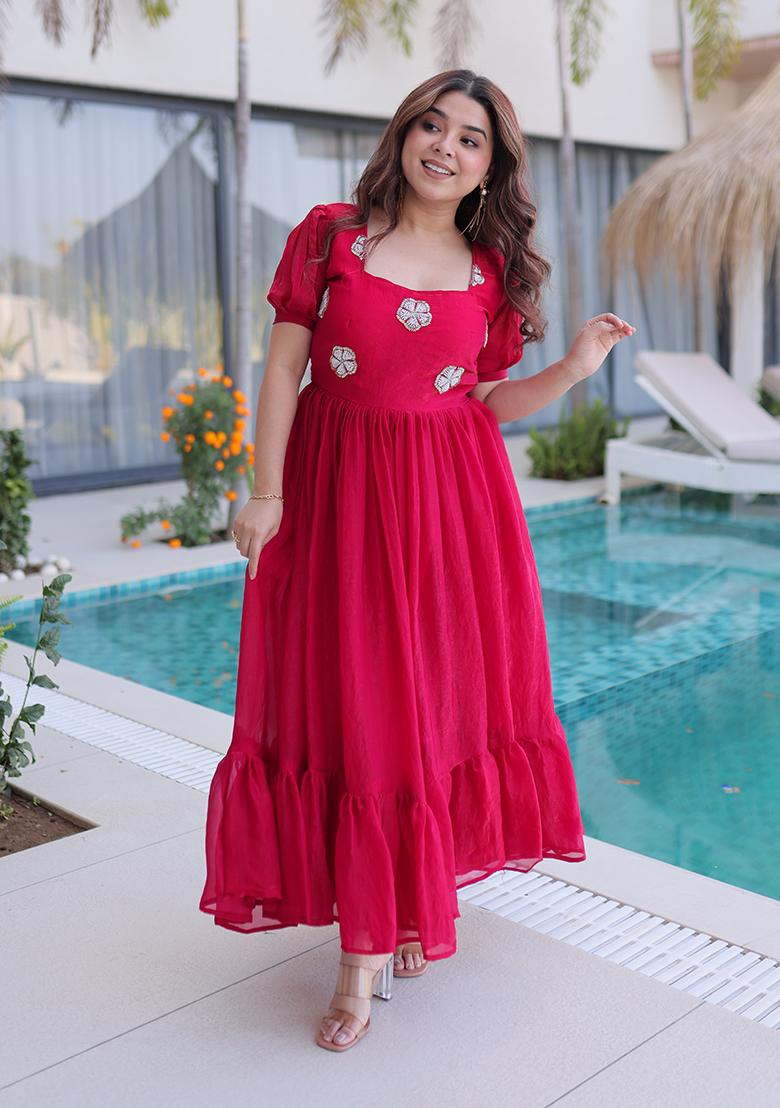 Pink Beads Work Silk Blend Anarkali - Indya