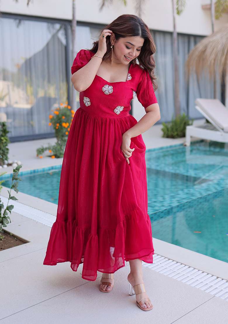Pink Beads Work Silk Blend Anarkali - Indya