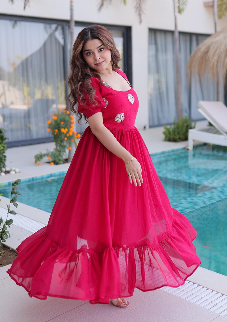 Pink Beads Work Silk Blend Anarkali - Indya