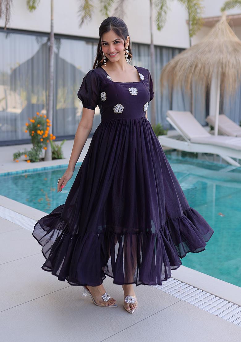 Wine Beads Work Silk Blend Anarkali - Indya