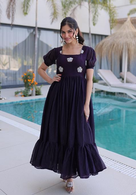 Wine Beads Work Silk Anarkali