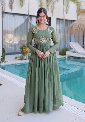 Green Beads Work Silver Crunchy Anarkali