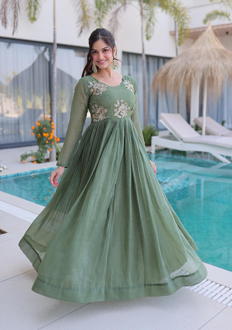 Green Beads Work Silver Crunchy Anarkali - Indya