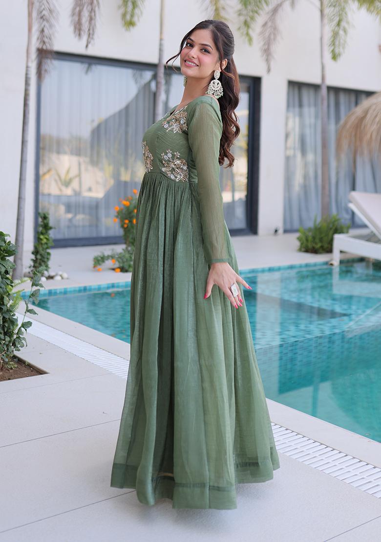Green Beads Work Silver Crunchy Anarkali - Indya