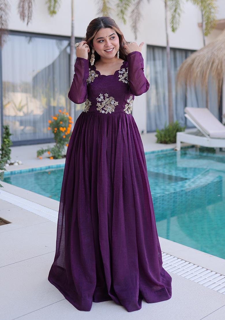 Wine Beads Work Silver Crunchy Anarkali - Indya