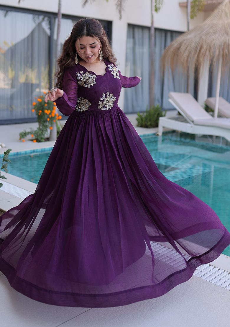 Wine Beads Work Silver Crunchy Anarkali - Indya