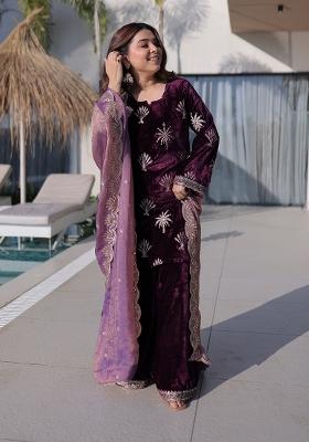 Purple Zari Work Velvet Anarkali Set